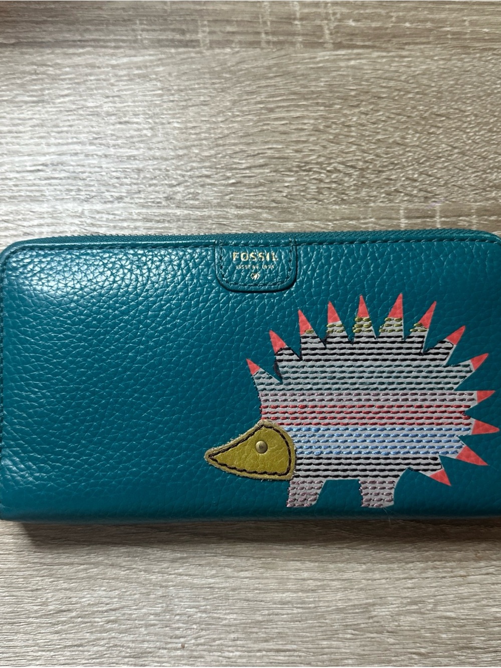 Fossil Teal Leather Zip Wallet with Multicolor Porcupine Appliqué